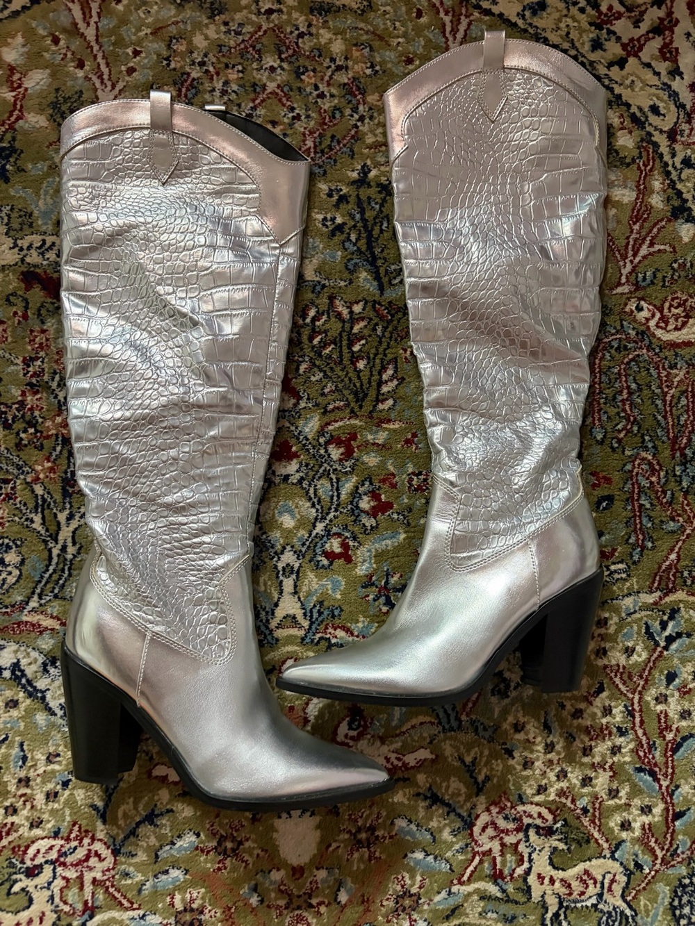 Nine West Silver Croc-Embossed Knee-High Heeled Boots